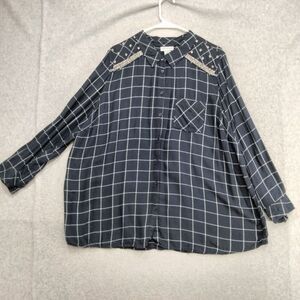 Catherines Button Down Shirt Womens Size 1X Navy Blue Beaded Long Sleeve Grid